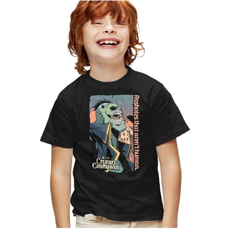 Creature Commandos Eric Frankenstein Kids T Shirt for Youth Boys and Girls, Black, Small