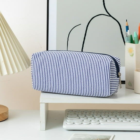 Cute_Pencil_Case, Cute Makeup Bag, Stripe Pen Bag Office Stationery Organizer,Simple Sturdy Multifunctional Cosmetic Pouch, Travel Storage Bag, Birthday Gifts(Dark Blue)