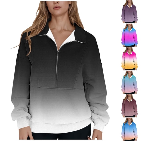 Jsaierl Women's Half Zip Sweatshirts Casual Gradient V Neck Sweatshirt Athletic Pullover Soft Long Sleeve Shirts Winter Fashion S-2XL