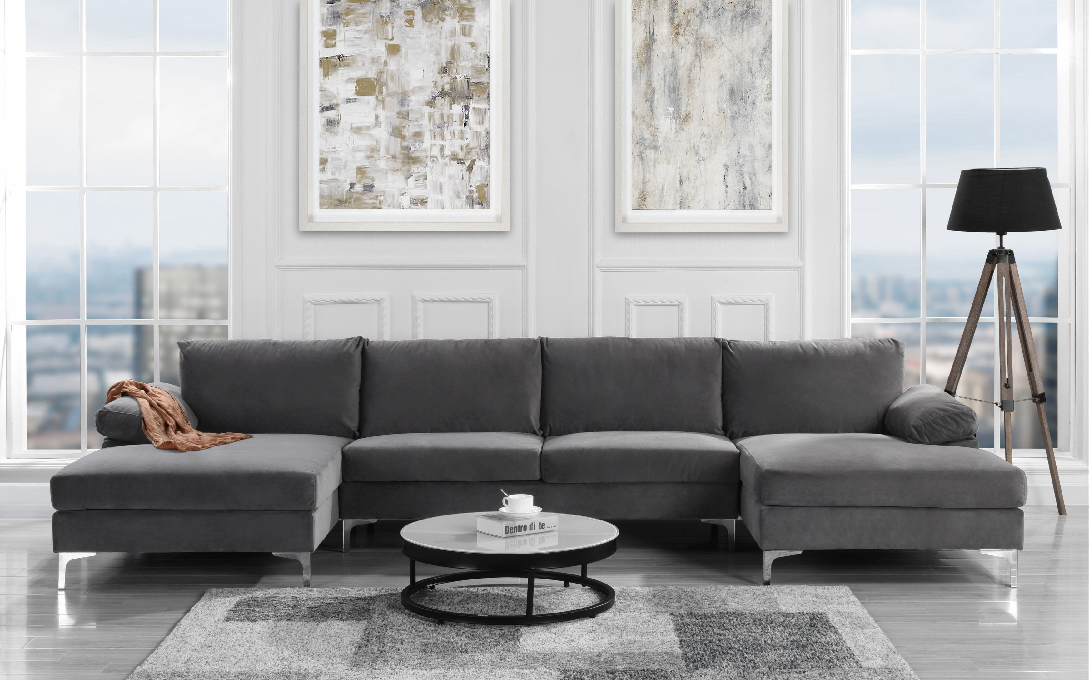 Modern Large Velvet U Shape Sectional With Double Chaise Lounge Modern Large Velvet U Shape Sectional With Double Chaise Lounge Extra Wide Navy Com
