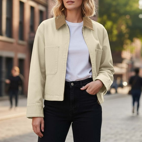 HOWPAY Barn Jackets for Women Zip up Cropped Lapel Collar Long Sleeve Coats with Pockets Vintage Solid Color Casual Outerwear Fall Winter Clothes Beige L