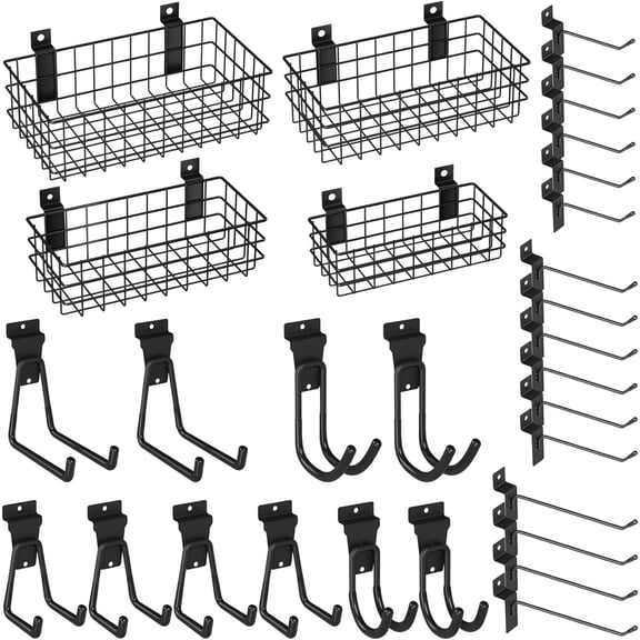 INCLY 30PCS Slatwall Accessories Set, Includes 4 Pack Ventilated Metal Wire Slatwall Baskets and 26PCS Multisized Heavy Duty Slatwall Hooks for Garage Rooms Shops Storage Organizing Display