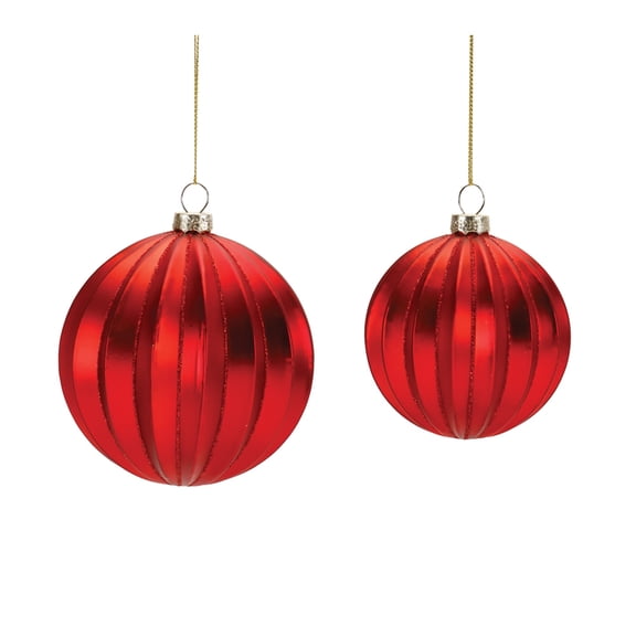 Melrose Glittered Ribbed Glass Christmas Ball Ornaments - 4" (100mm) - Red - 6ct