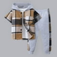 thumbnail image 5 of ASFGIMUJ Toddler Boy Outfits 2 Piece Summer Shorts Sets Short Sleeve Patchwork Plaid Prints T Shirt Hooded Tops Pants Kids Clothing Sets,Size 2-3 Years, 5 of 6