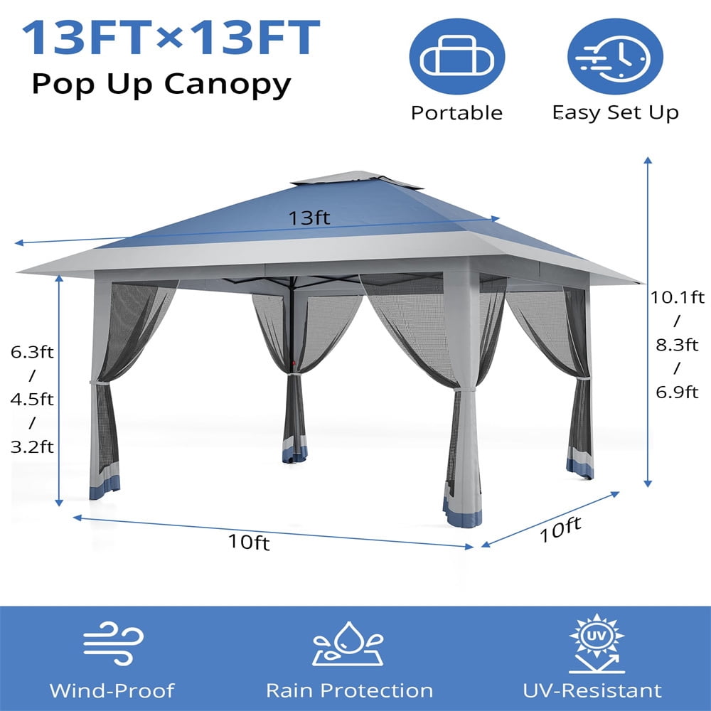13x13Pop-Up-Gazebo Outdoor Canopy Tent with Mosquito Netting, [Adjustable Height & Spacious] Pop Up Tent with Double Roof, UV-Resistant Outdoor Gazebo for Backyard, Patio, Lawn, Garden, Deck
