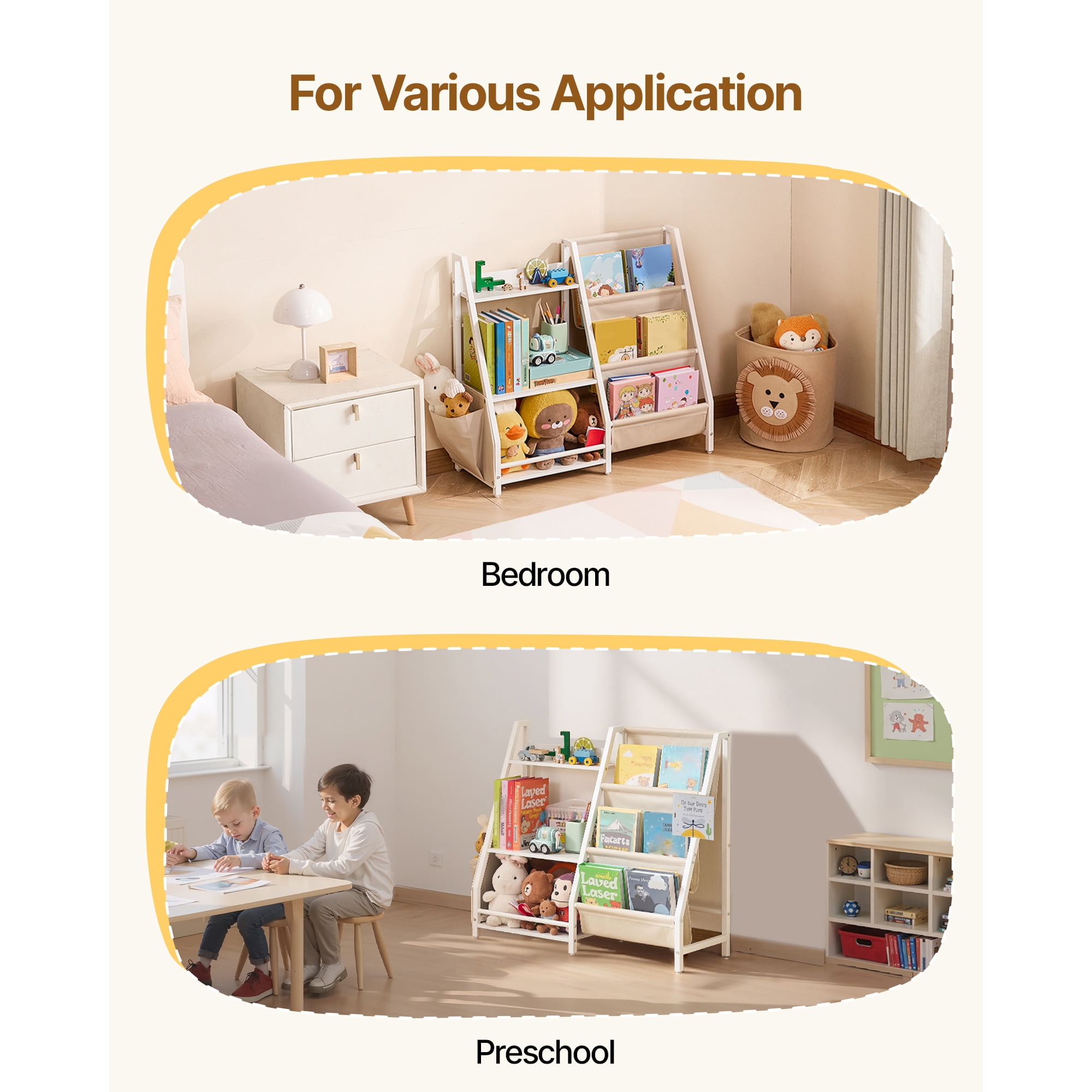 KFFKFF 3-Tier Children's Bookshelf with Toy Organizer, Sling Book Rack, and Storage Bag, Ideal for Kids' Rooms, Playrooms, Kindergartens, and Nurseries