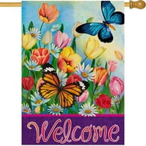 Welcome Spring Butterfly Flowers Large Decorative House Flag, Floral Tulip Daisy Yard Garden Outside Decor, Summer Vintage Farmhouse Outdoor Home Burlap Decoration Double Sided 28 x 40