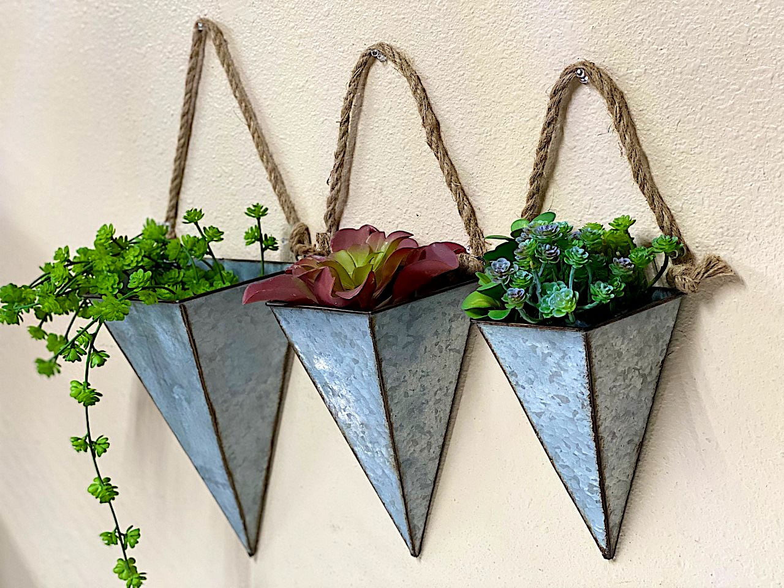 S/3 Hanging Metal Planters Galvanized Pockets W Ropes Cone Shape Modern Urban Rustic Industrial Indoor Outdoor