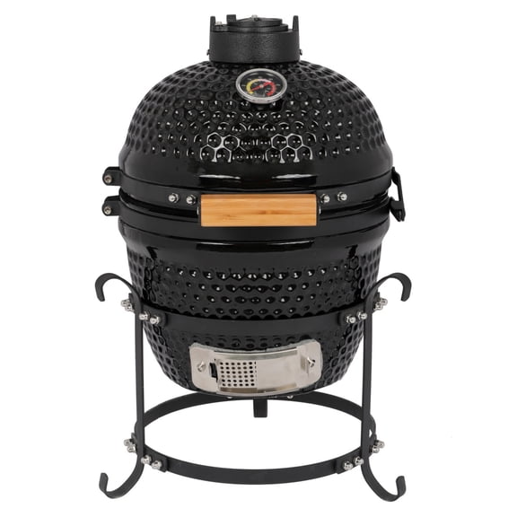 13in Ceramic Charcoal Kamado Grill with Heavy Duty Heat-Resistant Walls, 50-800°F Temp Control, for Backyard Grilling, Smoking, Baking, Black
