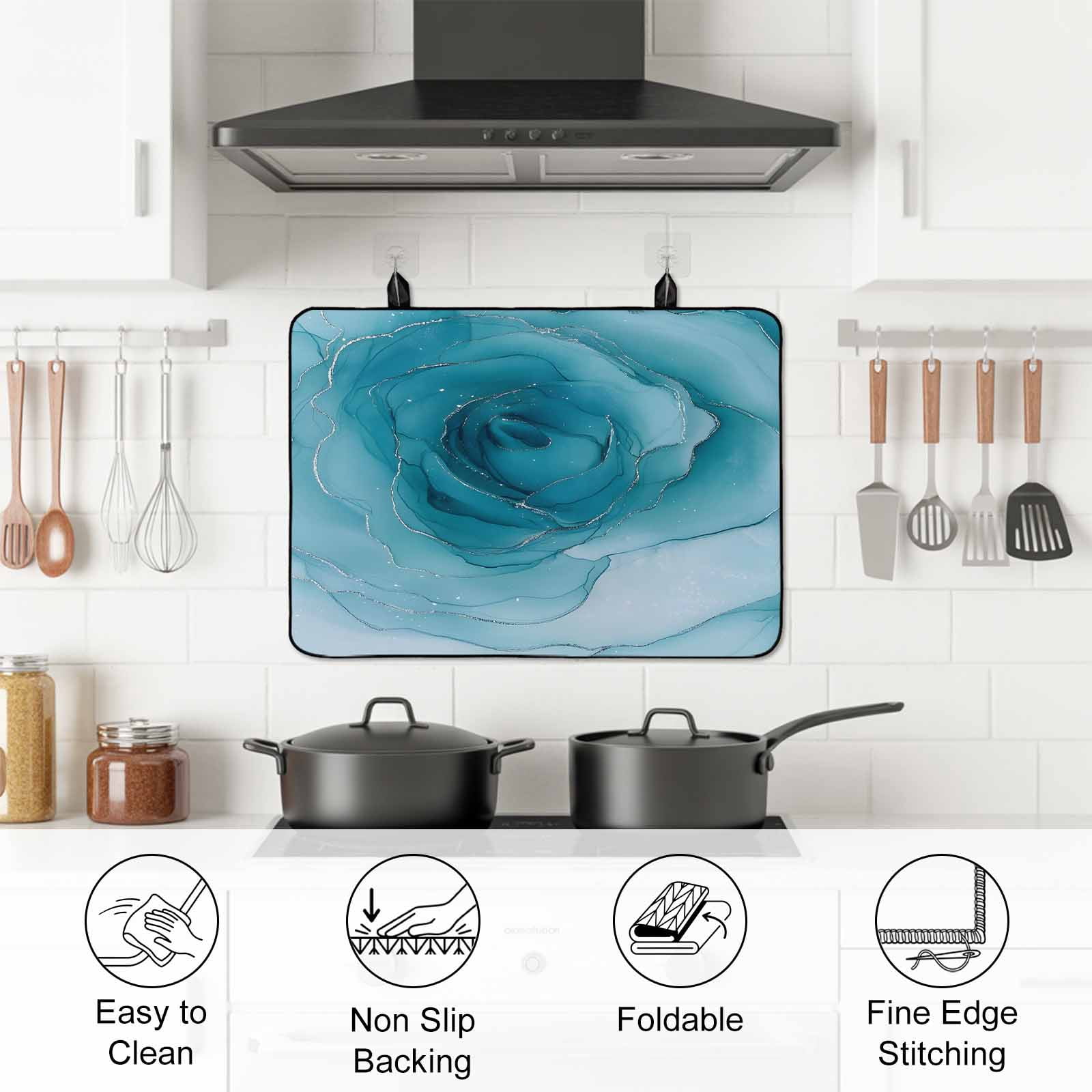 Marble Teal Blue Stove Top Cover for Electric Stove, Heat-proof & Non Slip Glass Top Stove Cover Protector, Modern Rose Floral Ink Art Silver Lines Kitchen Flat Cooktop Rubber Mat 24x21 Inches