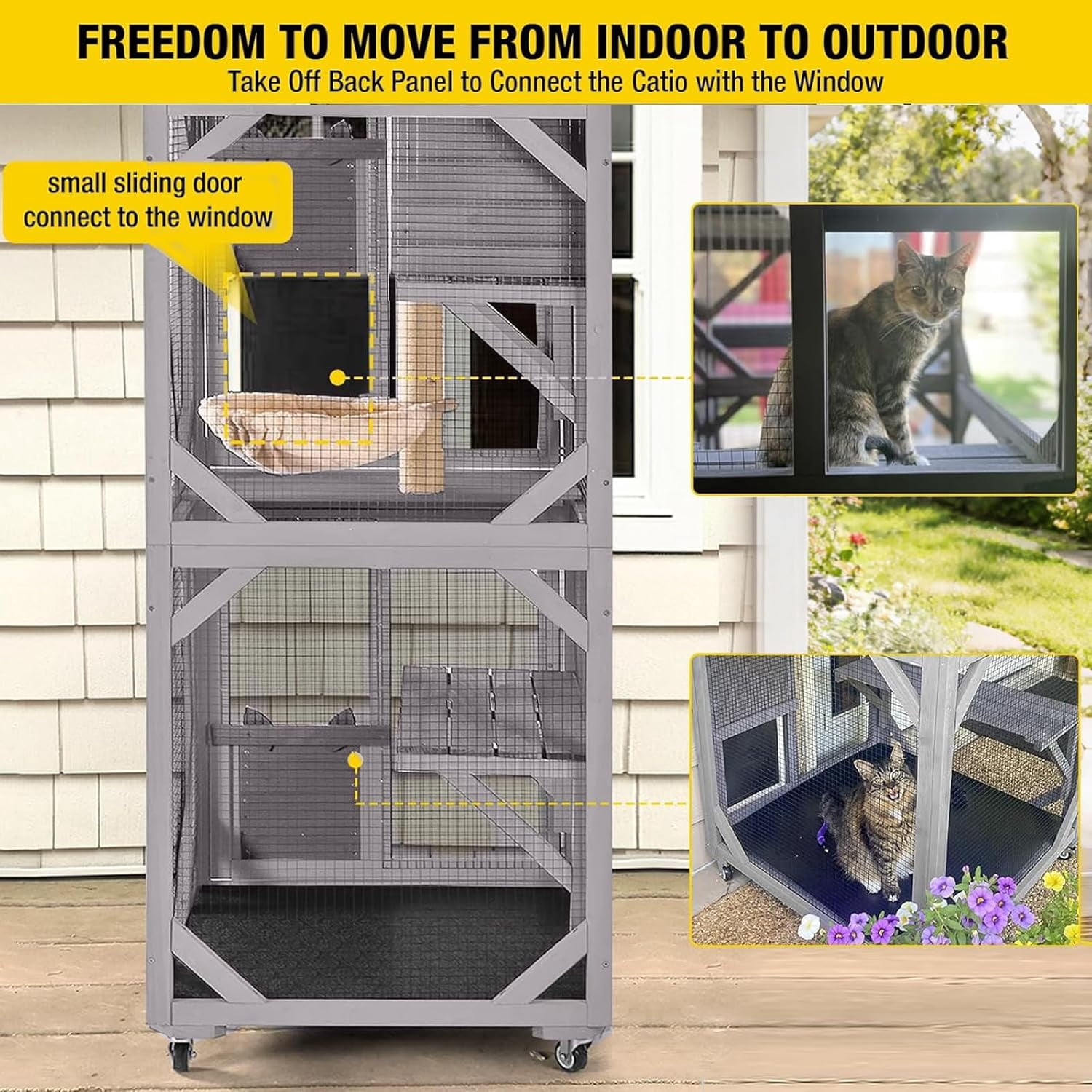 Cat House Outdoor Catio Cat Enclosures on Wheels 70.9" Kitty House with Upgraded Resting Box,Waterproof Roof