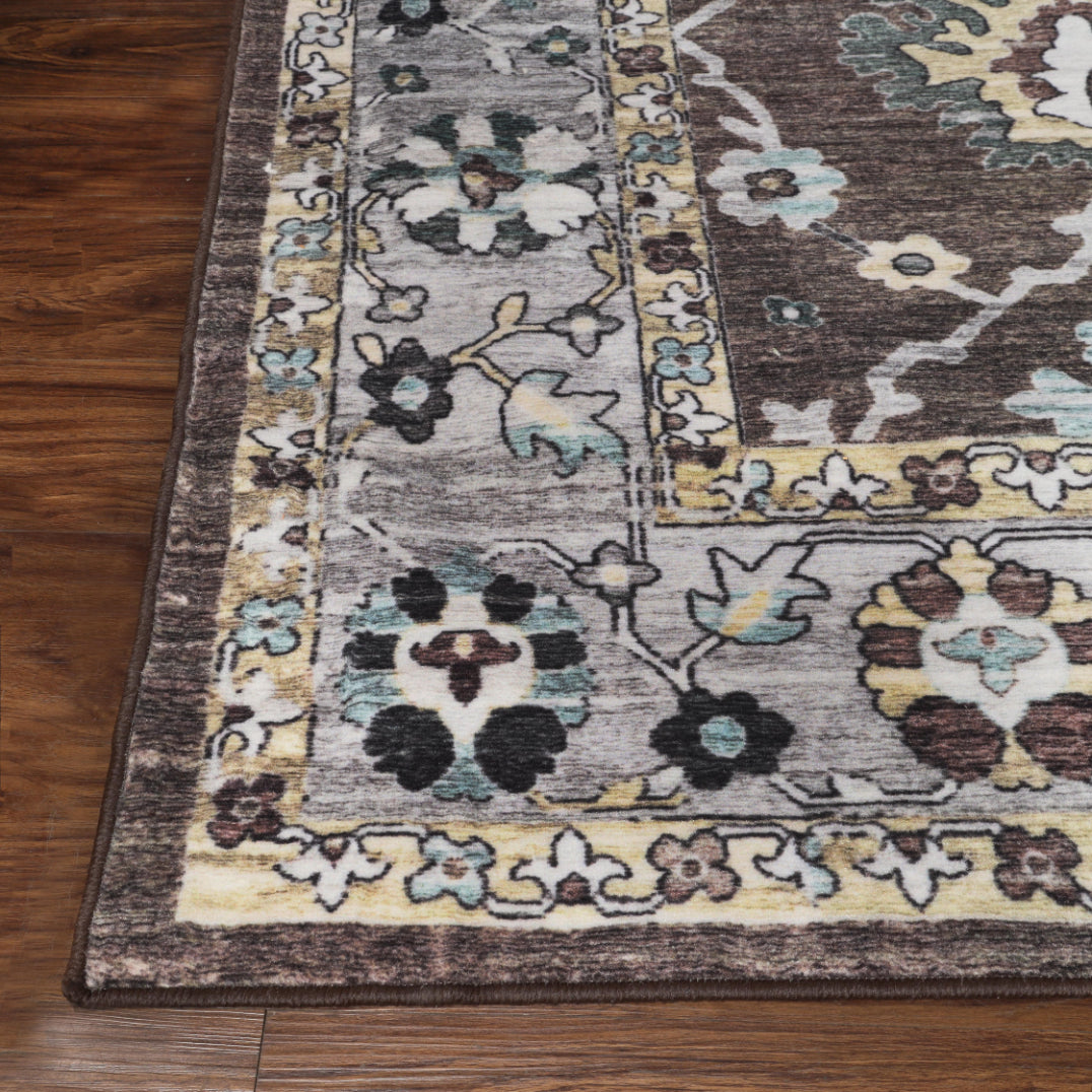 Superior Nuka Classic Floral Washable Indoor Area Rug, 10' x 14', Brown/ Grey