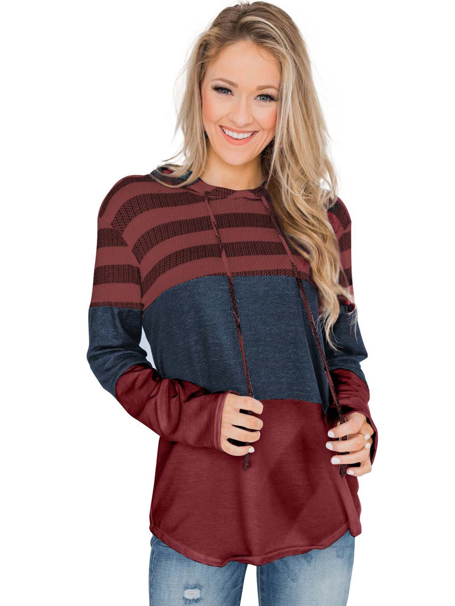Swarovo - Women's Red Long Sleeve Hoodie Pullover Tops Casual Loose ...