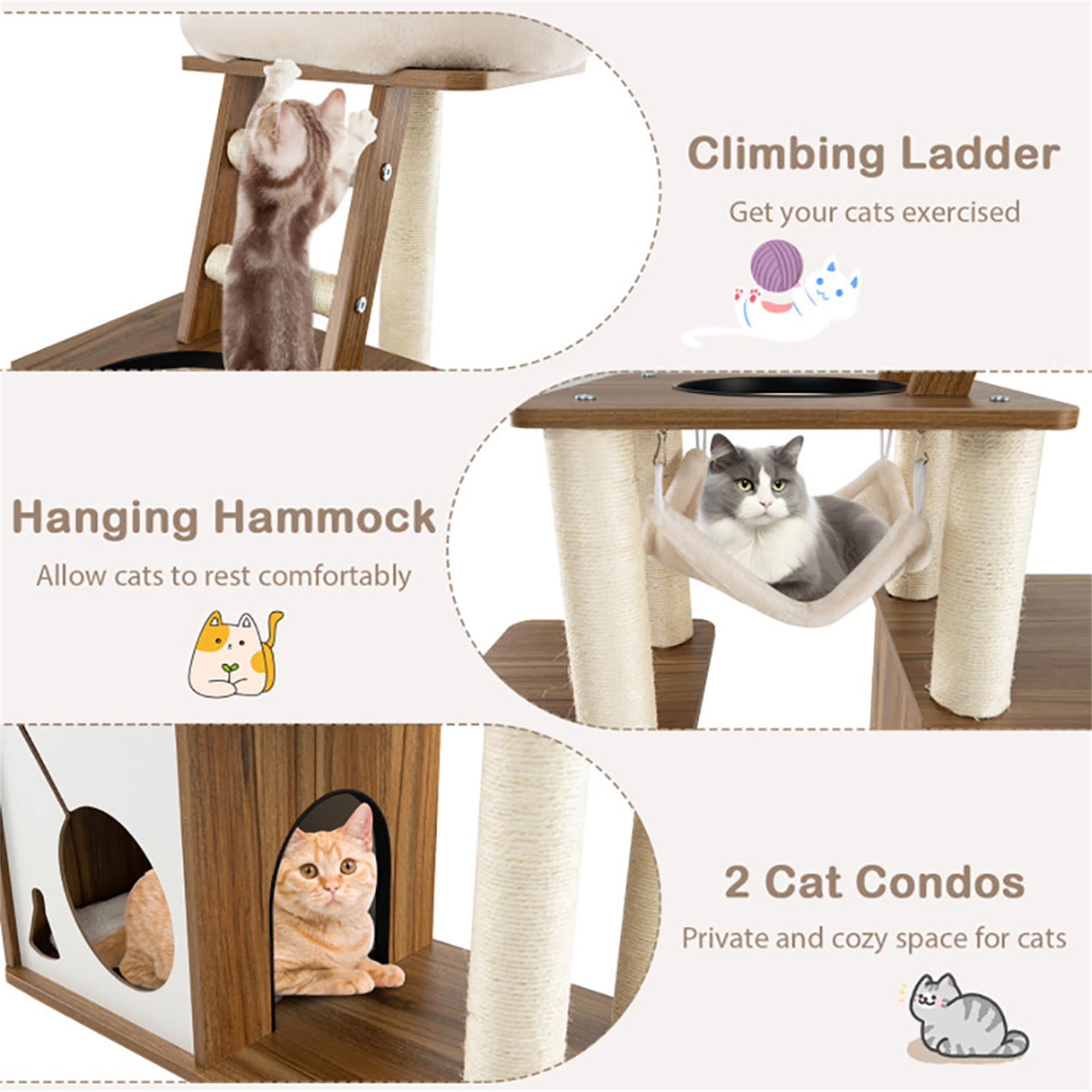 resenkos 57" Large Wooden Cat Tree Tower with Double Condos, Large Perch, Soft Hammock and Totally Wrapped Sisal Posts, Brown
