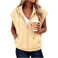 thumbnail image 2 of Women's Plus Size Cap Sleeve Hoodie Summer Loose Casual Zip Up Drawstring Tops with Pockets Beige, 2 of 7