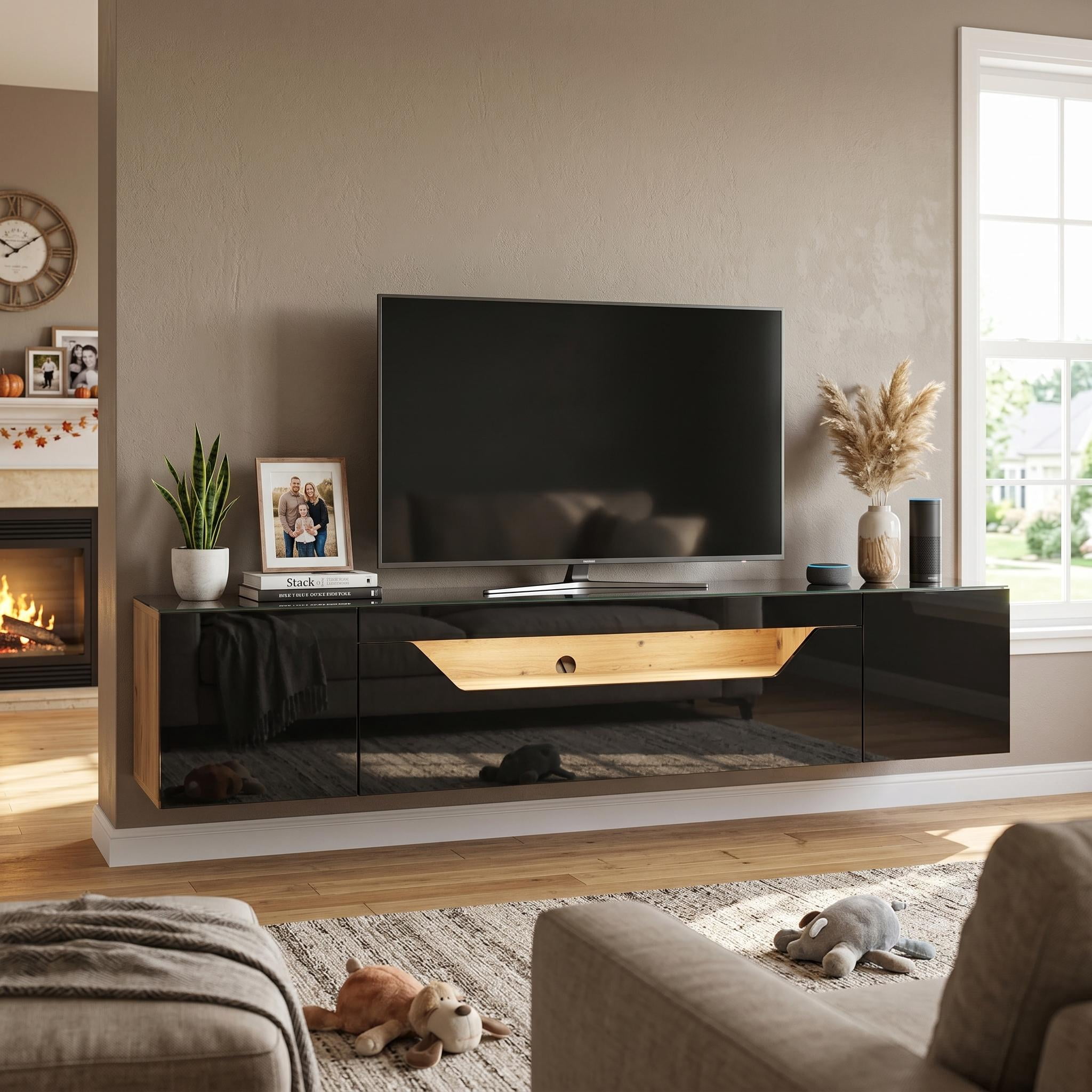 Homy Casa meuble TV flottant 64,9 po pour téléviseurs jusqu’à 65 po, console murale avec DEL par appli, noir lustré et chêne