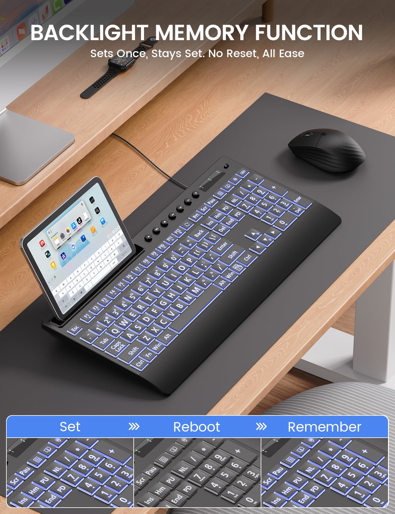 Large Print Wired Backlit Keyboard with Wrist Rest, Phone Holder, Backlight Memory, Quiet Keys, Ergonomic Keyboard for PC Laptop