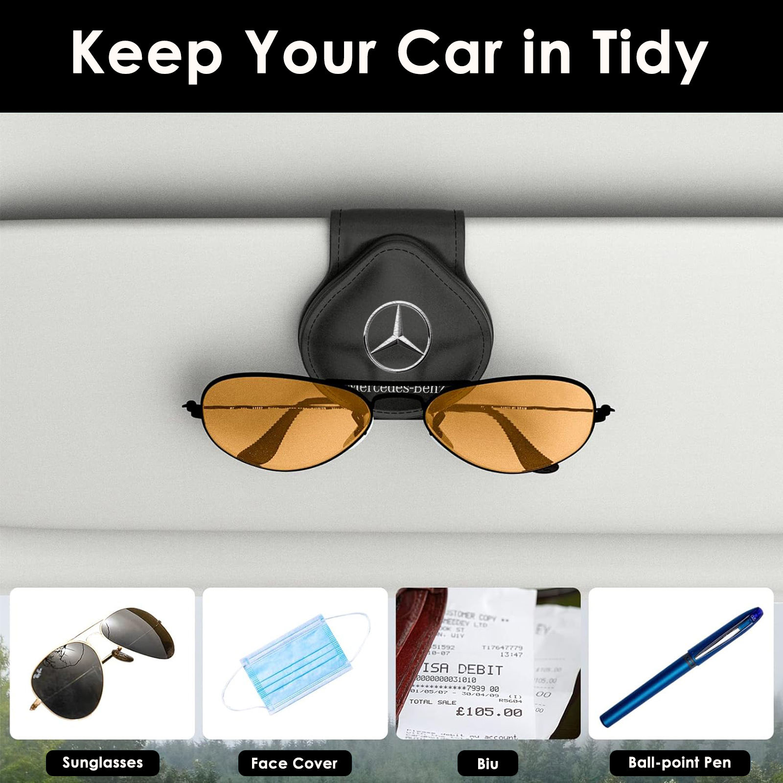 Suitable for Mercedes-Benz Sunglass Holder for , Magnetic Leather Sunglasses Holder and Ticket Card Clip, Car Visor Accessories, 2 Packs (Black)