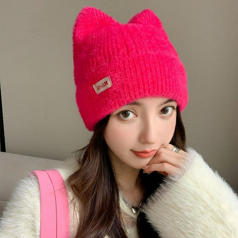 帽子 andwang Fluffy cat knit hat Knitted Cat Hat with Elastic - Autumn Winter Pet Puppy