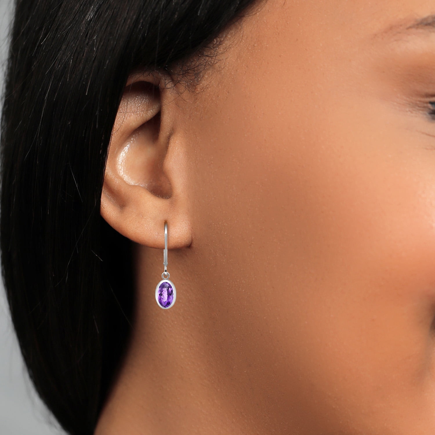 Gem Stone King 925 Sterling Silver Purple Amethyst Drop Dangle Leverback Earrings for Women (2.40 Cttw, Gemstone February Birthstone, Oval Checkerboard 8X6MM)