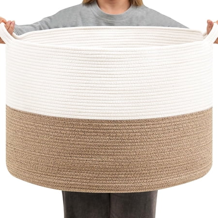 Foldable Laundry Hamper Basket with Collapsible Handle Cotton Rope Soft Woven Fabric Storage Organizer Clothes Toys Nursery Bedroom Dorm Space Saving Bin (White & Brown 65L(19.7 D x 12.6 H))