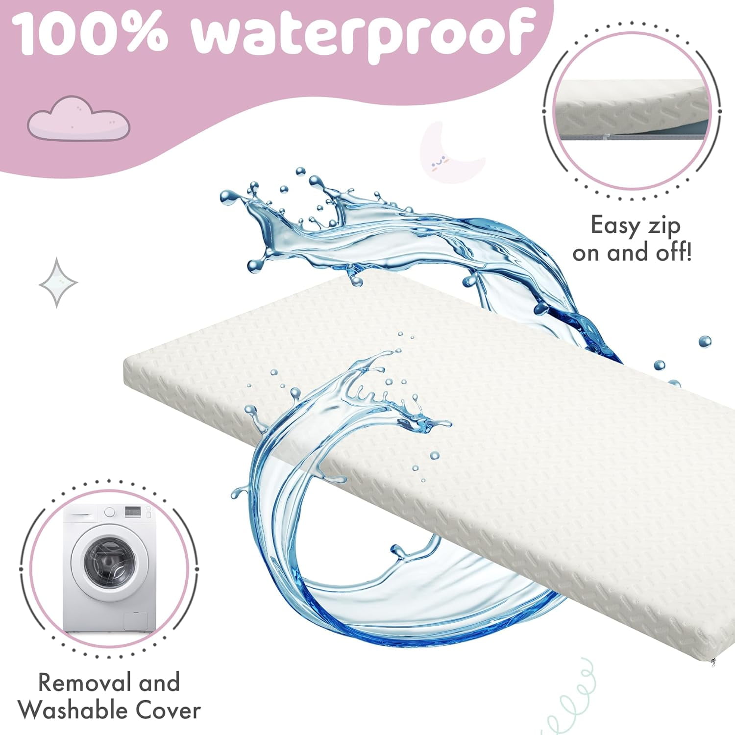 2" Crib Mattress Topper Memory Foam - Waterproof Breathable Soft Washable Cover 52" x28" x 2" Fits Standard Size Cribs & Toddler Beds by Sleepah