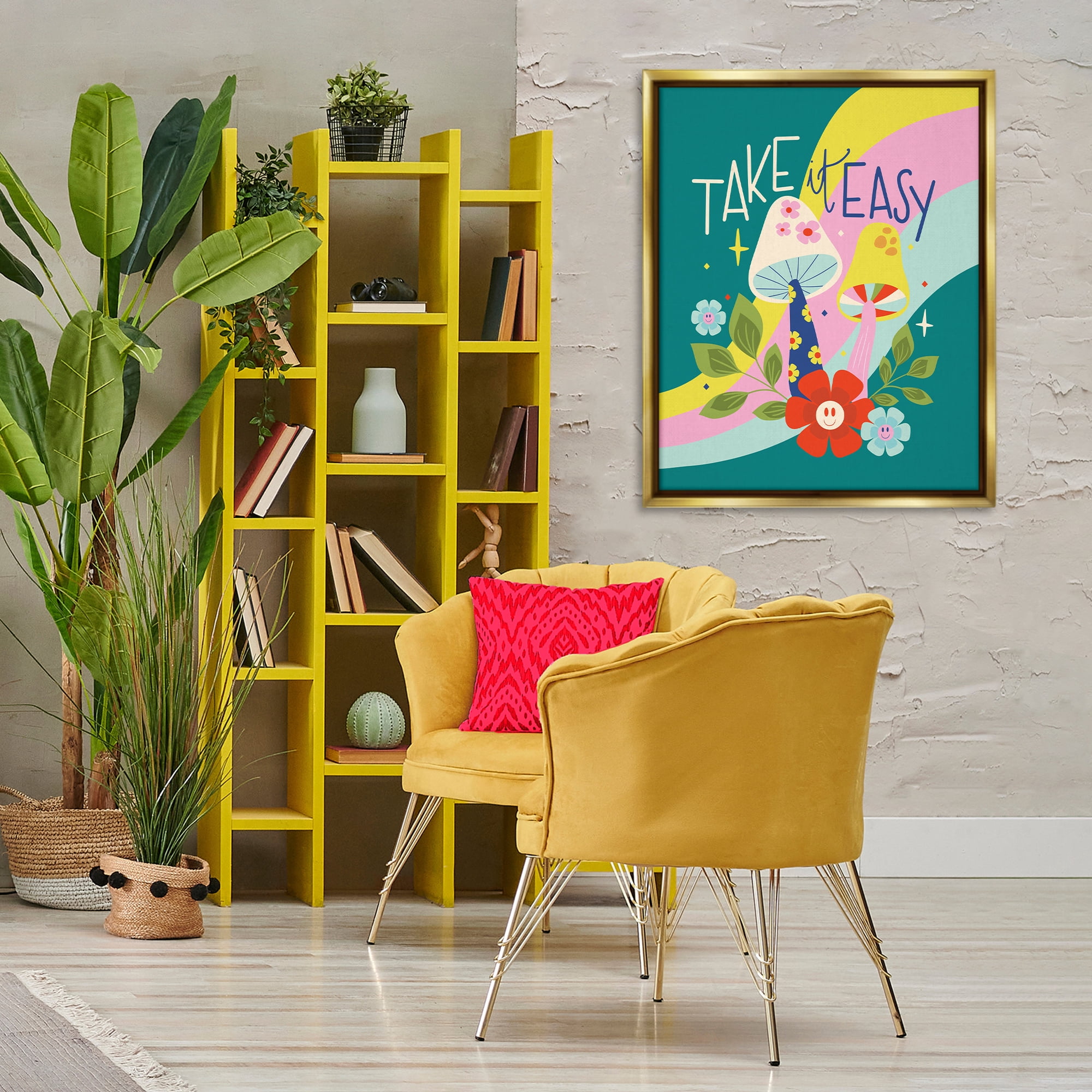 Stupell Industries Take It Easy Mushrooms Plants & Flowers Painting Gold Floater Framed Canvas Art Print Wall Art, 25 x 31