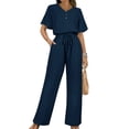thumbnail image 4 of Womens V Neck Two Piece Set Short Sleeve Top and Casual Long Pants Fashion Slimming Outfit Navy Blue XXL, 4 of 7