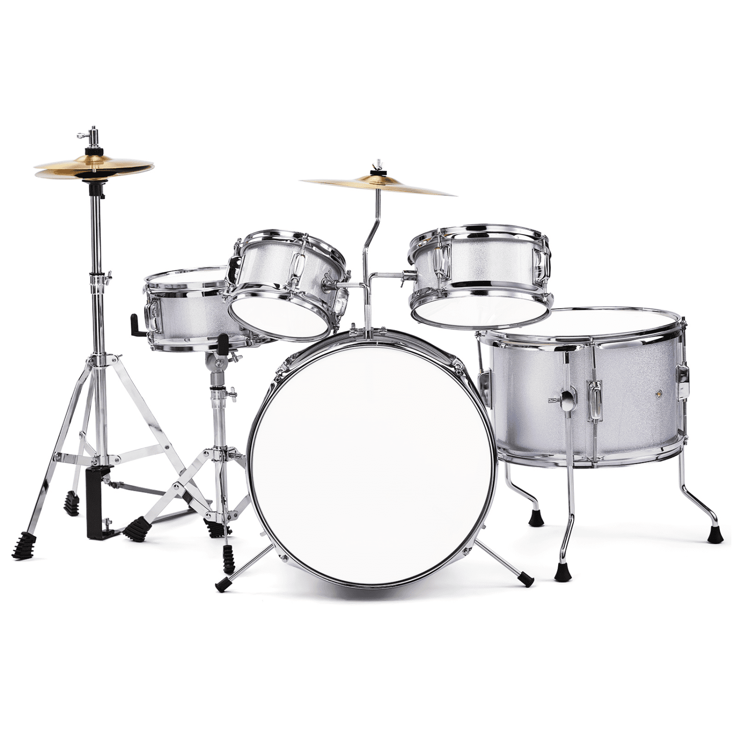 Hassch 5-Piece Beginner Drum Set Junior Kit, Starter Percussion Set with Cymbals, Pedal, Tom, Snares, Drumsticks and Stool, Silver