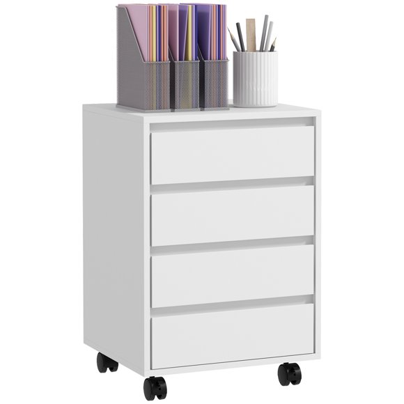 HOMCOM 4 Drawer File Cabinet, Filing Cabinet with Lockable Wheels, White