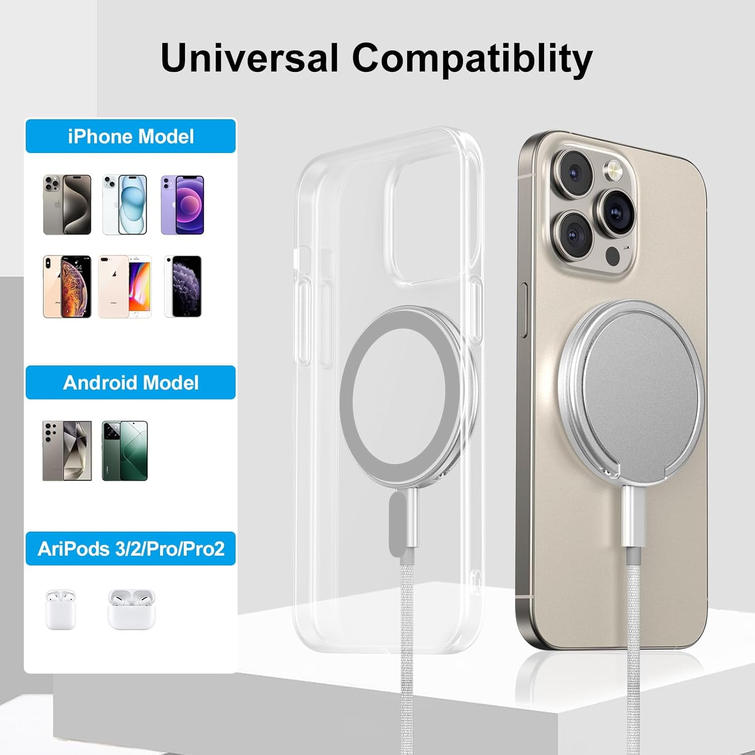 NEOYFC for Wireless Charger for iPhone, 15w Mag-Safe Charger for iPhone 16 Pro Max/16 Pro/16 Plus/16/15/15 Pro/15 Plus/15 Pro Max Series,and Android, AirPods 3/2/Pro, Silver