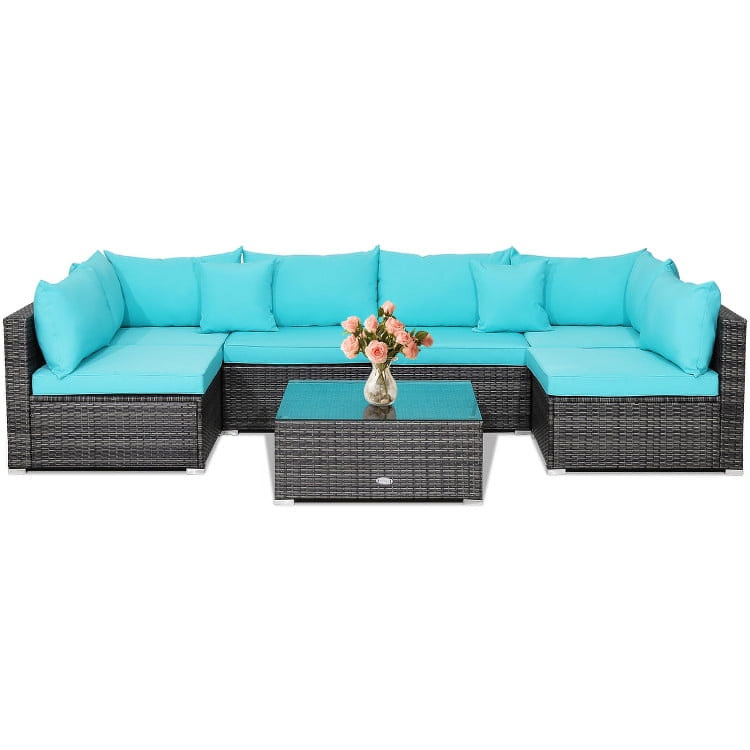 Aimee Lii 7 Pieces Patio Rattan Furniture Set Sectional Sofa Garden Cushion, Outdoor Patio Set, Turquoise