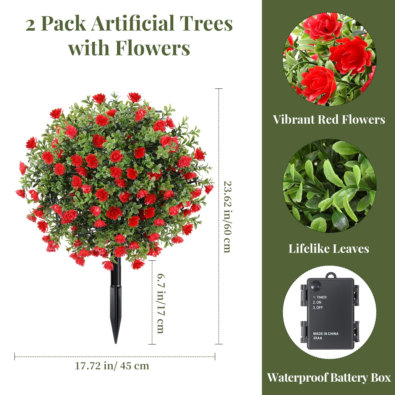 Lewondr Artificial Red Flowers Boxwood Topiary Ball Plants, 2 Pack Fake Plants for Outdoor with LED Lights, Faux Bushes with Ground Spike for Garden, Patio, Porch, Yard Decor