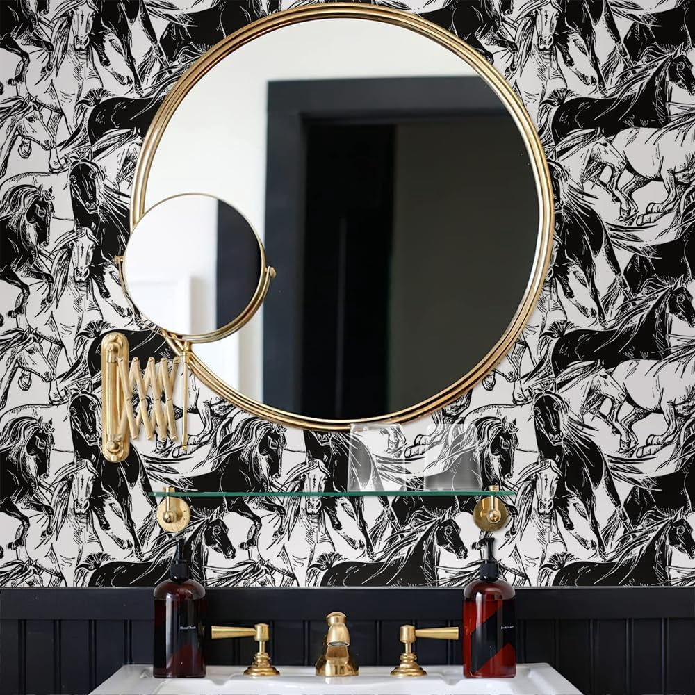 Modern Black and White Horse Animal Abstract Art Peel and Stick Wallpaper Contact Paper Vintage Vinyl Stick on Wall Paper for Bedroom Bathroom Kitchen Cabinet Renter Friendly