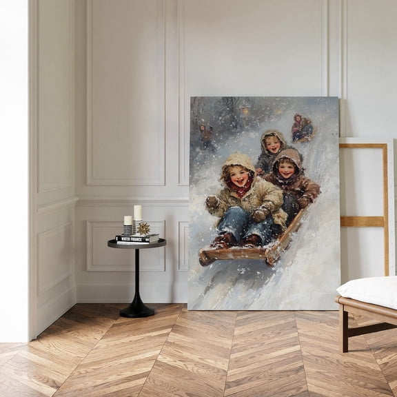 Velto Joyful Children Sledding in Snowy Winter Landscape for Happy Winter Play, SIZE 8x10 INCLUDE Pine Wood Frame 1.25-Inch