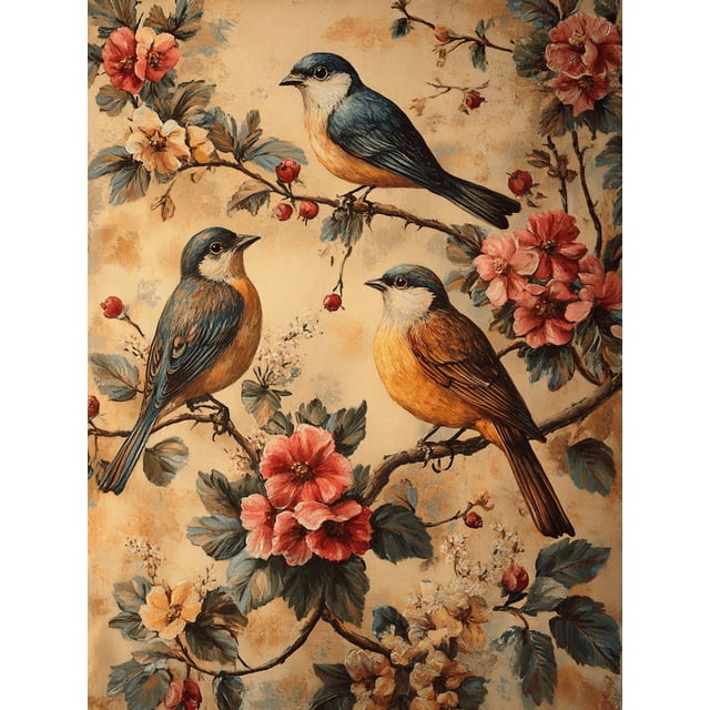 Qisvanset Framed Canvas Wall Art, 12x16 Inch Vintage Garden Bird Tree French Country Art