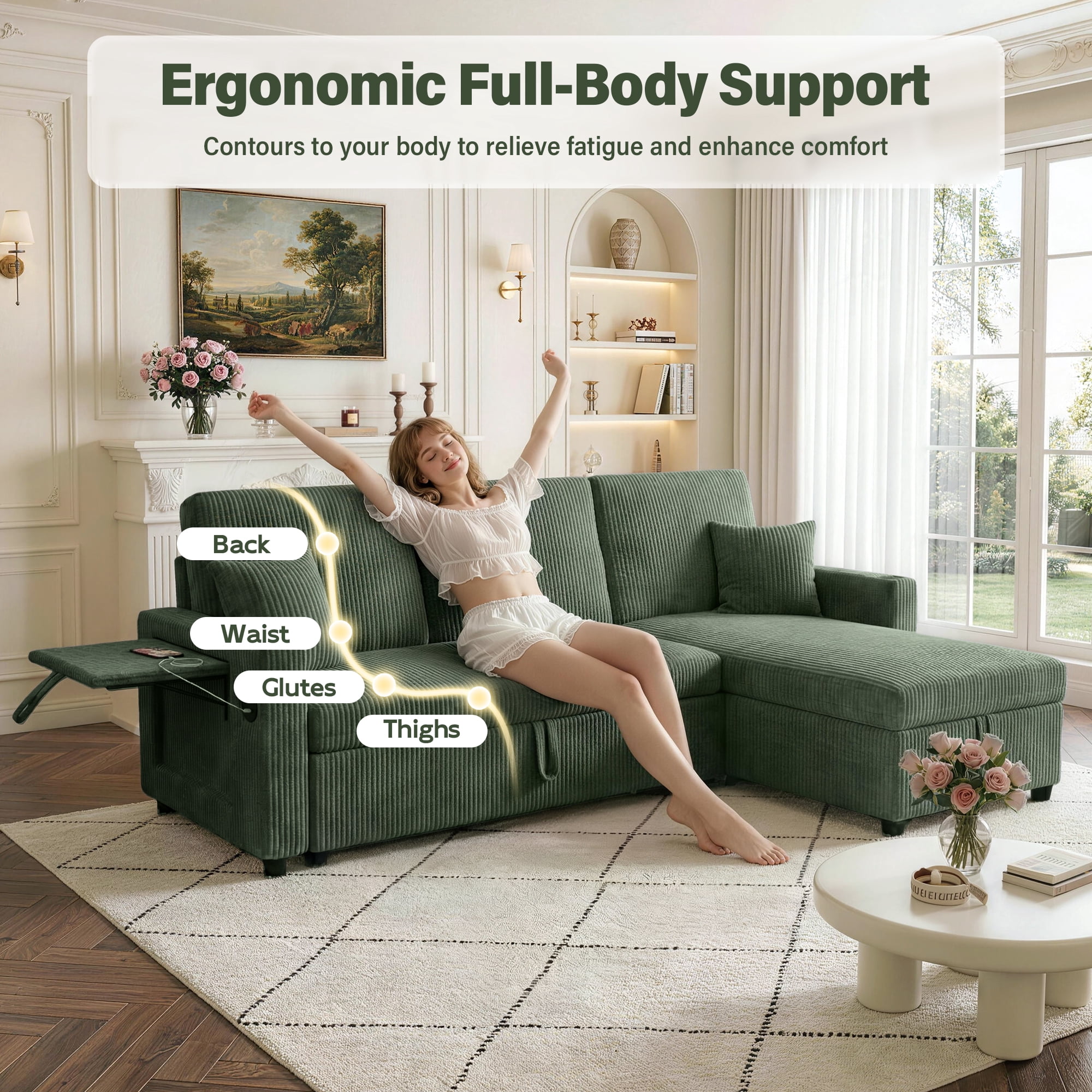 Aukfa 83" L-Shaped Sleeper Sleeper Sofa with Storage Chaise & Rotating Side Table, L-Shaped Corduroy Convertible Couch with USB/Type-C Ports,Green