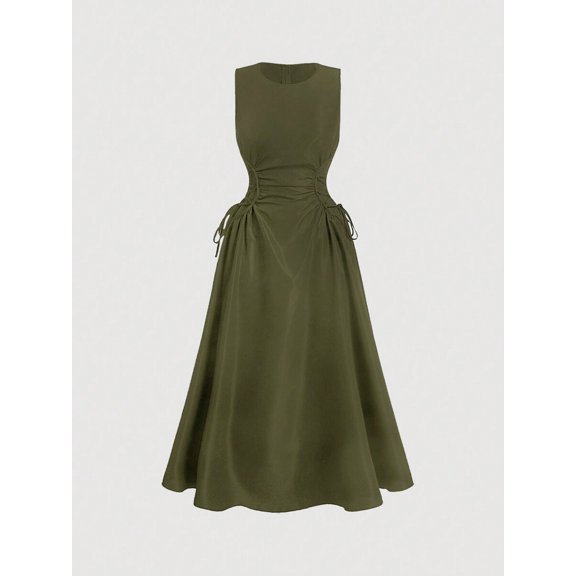 Army Green Solid Ruched Side Tie Sleeveless A-Line Dress For Women