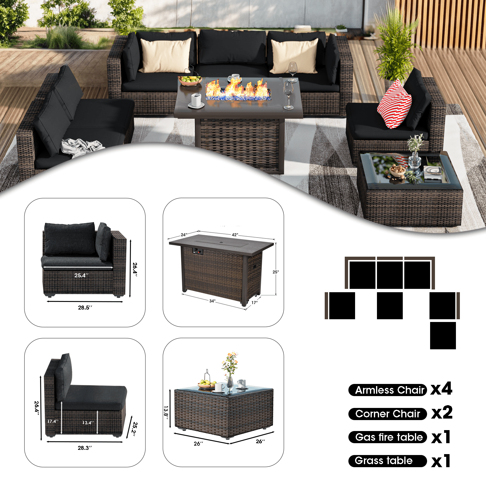 Grezone Outdoor Garden 8 Piece Patio Furniture with 43" 55000BTU Gas Propane Fire Pit Table Rattan Wicker Sectional Set, Black