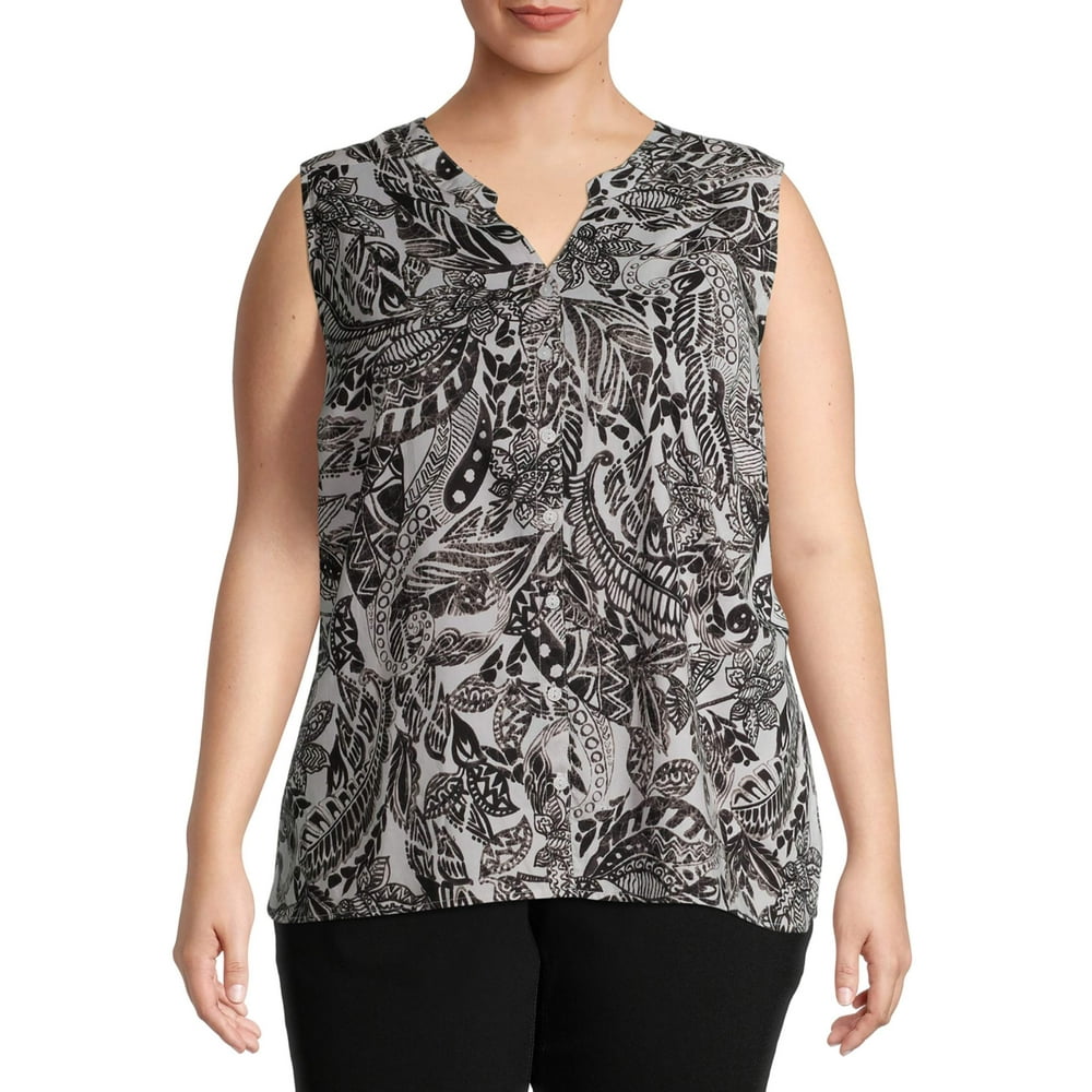 Erika Erika Women's Plus Size Irina Patterned Sleeveless Button Down
