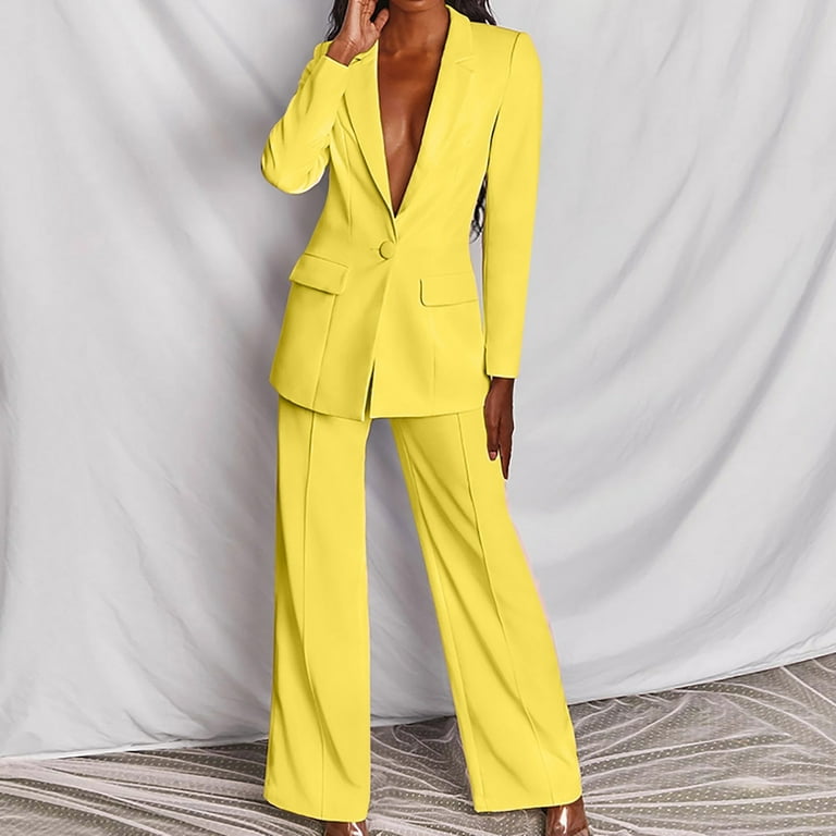 JSGEK Discount Sexy 2 Piece Outfits for Women Long Sleeve Solid Blazer with  Pants Casual Elegant Business Suit Sets Yellow XL 