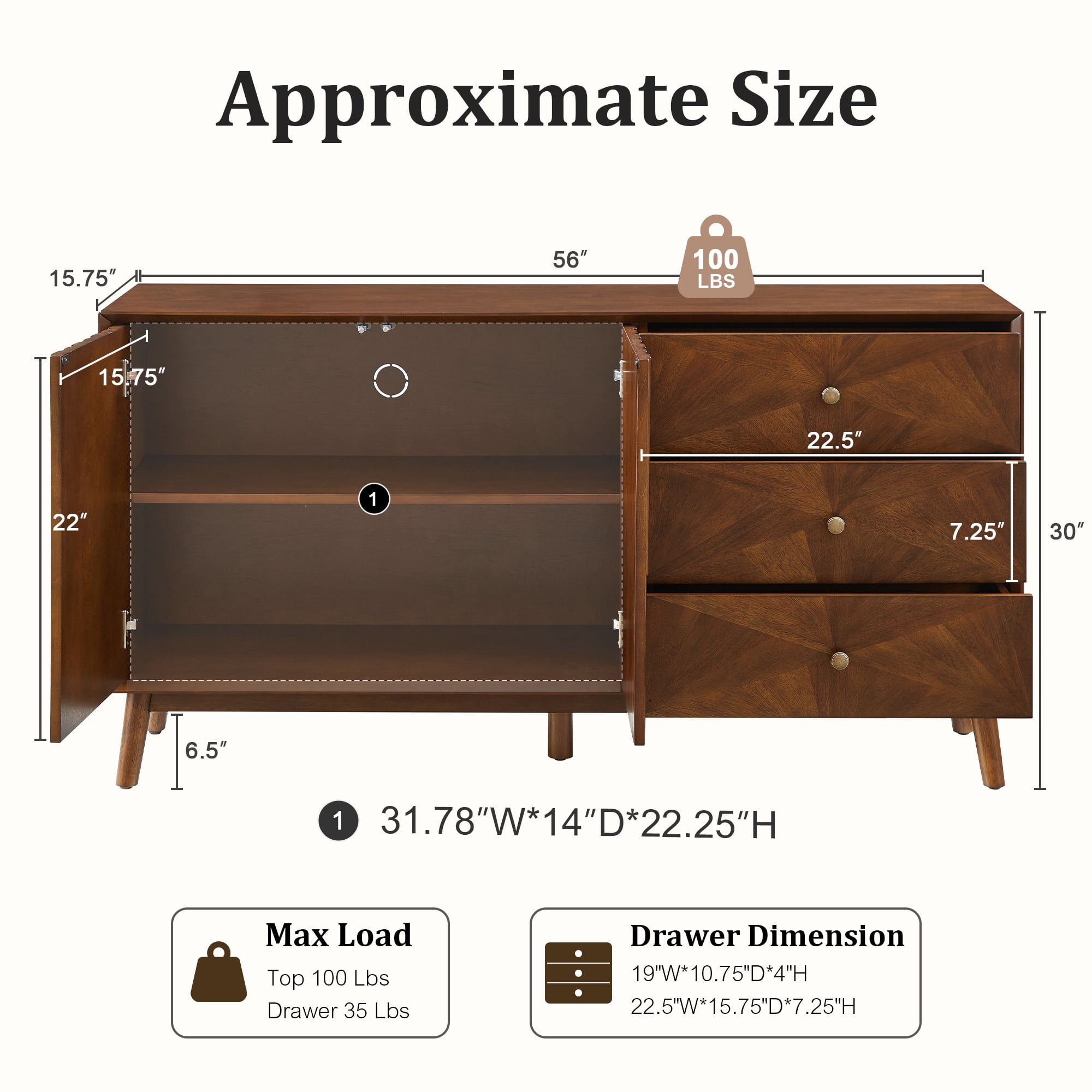 Leumius 56" Mid Century Modern TV Stand with Storage, Entertainment Center with 3 Drawers and 2 Doors, Wooden Sideboard Buffet Cabinet for Living Room Dining Room and Entryway Walnut
