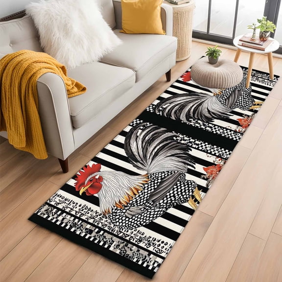 Retro Rooster Kitchen Runner Rug 2x6 Washable Runners for Hallway Non Slip Black White Watercolor Animals Large Area Rug Indoor Floor Carpet for Bathroom Laundry Entryway Bedroom Living Room