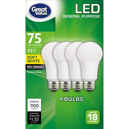 Great Value LED A19 (E26) Light Bulbs, 11W (75W Equivalent), Soft White, 4-Pack