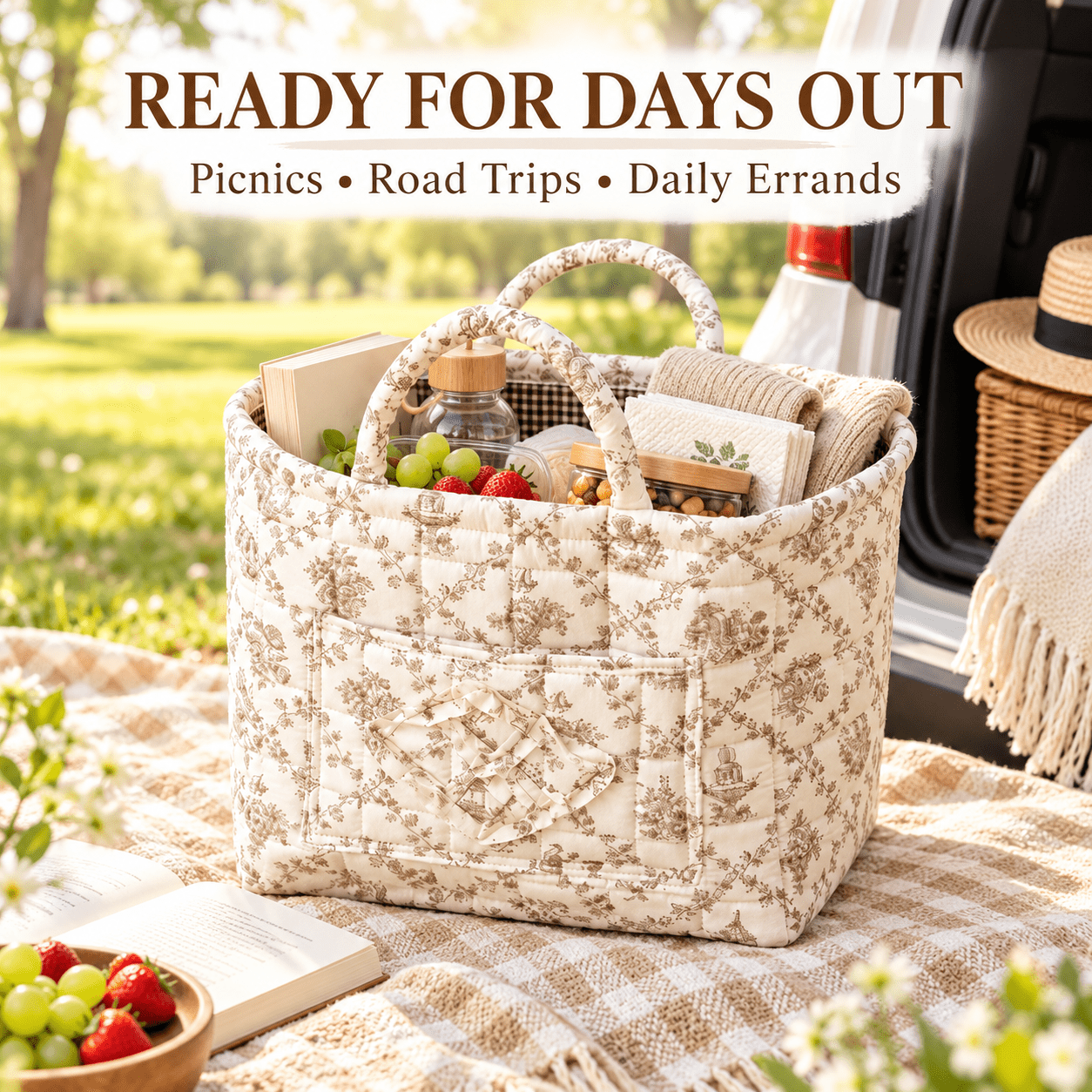 Quilted Car Storage Basket Tote Bag, Large Capacity Fabric Organizer ...