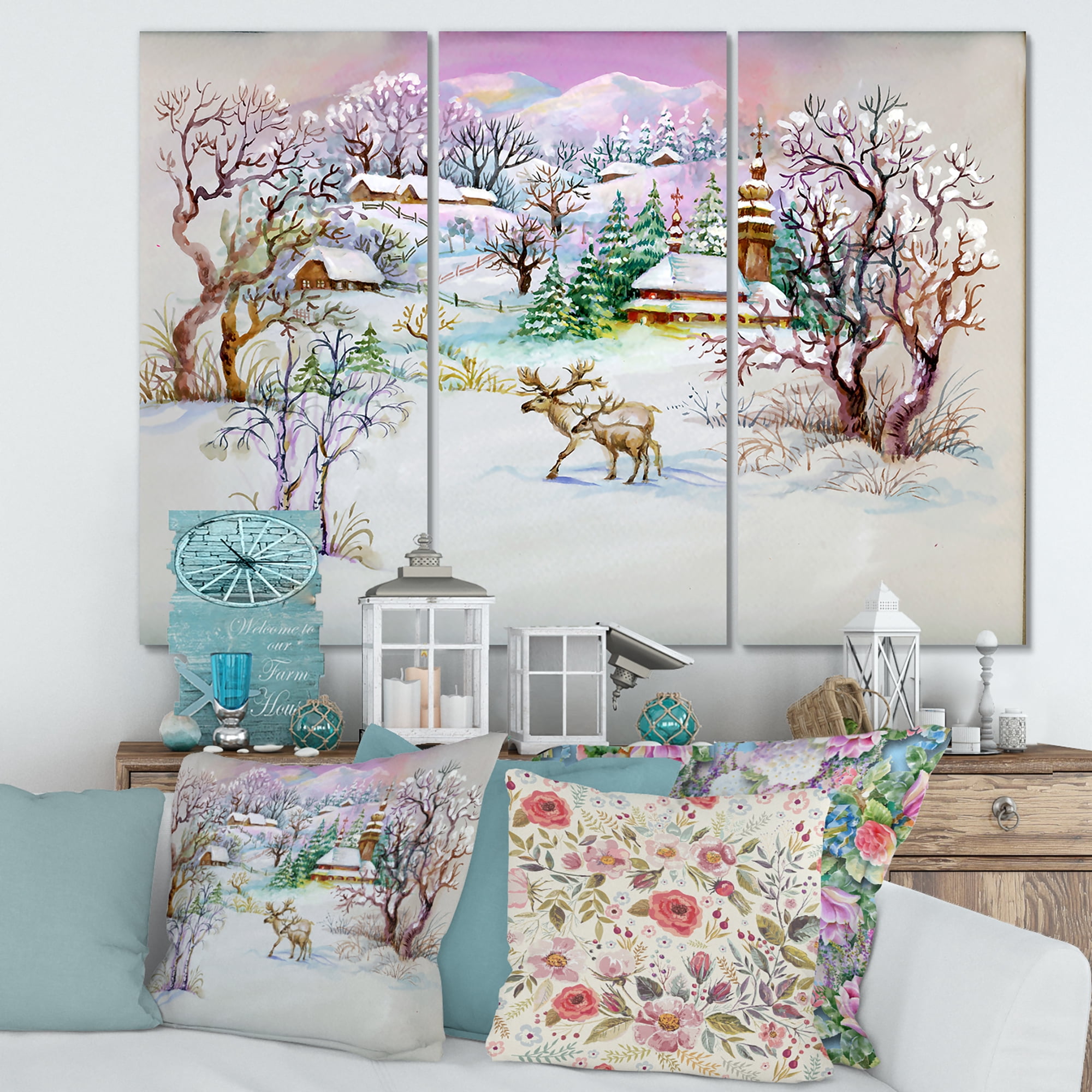 Winter VIllage Life Landscape 28 in x 36 in Painting Canvas Art Print, by Designart