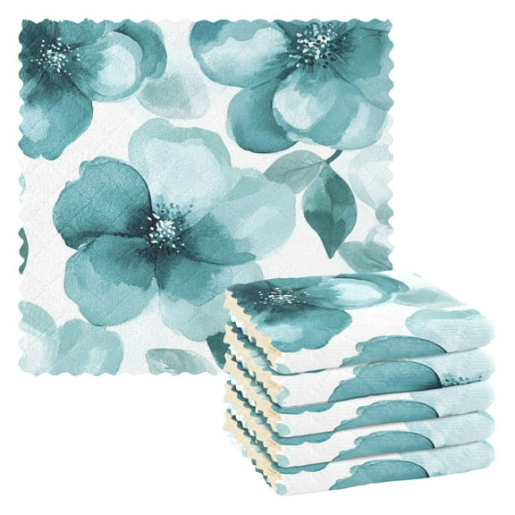 6 Pieces of Kitchen Towels 11x11Inch Kitchen Dish Cloths Kitchen Dish Towels Reuseable Cleaning Cloths Cartoon Turquoise Flowers Seamless
