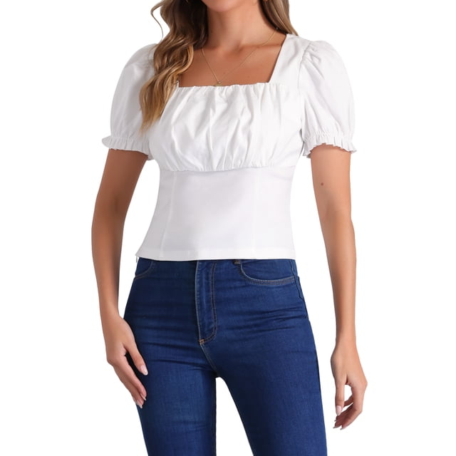 Camisetas casuales de verano para mujer con cuello cuadrado y volantes de manga corta XL blancas