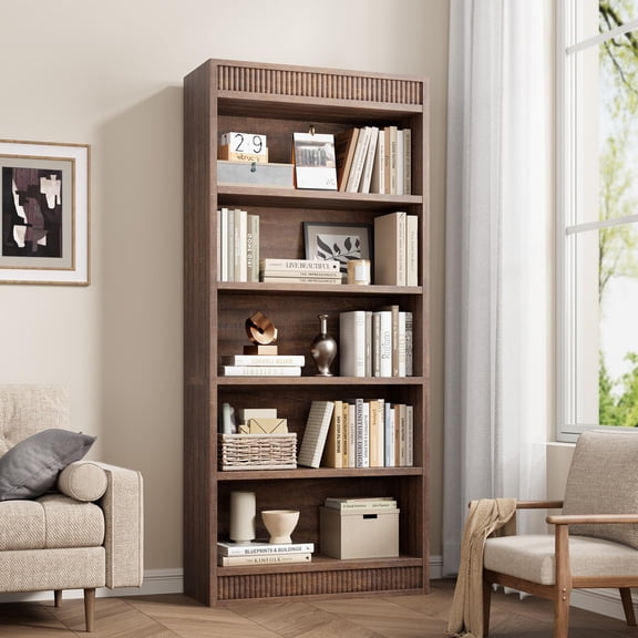 Farmhouse Bookcase 70.8" H x 30" W x 11.9" D Wooden Bookshelf Double Fluted Design Book Case