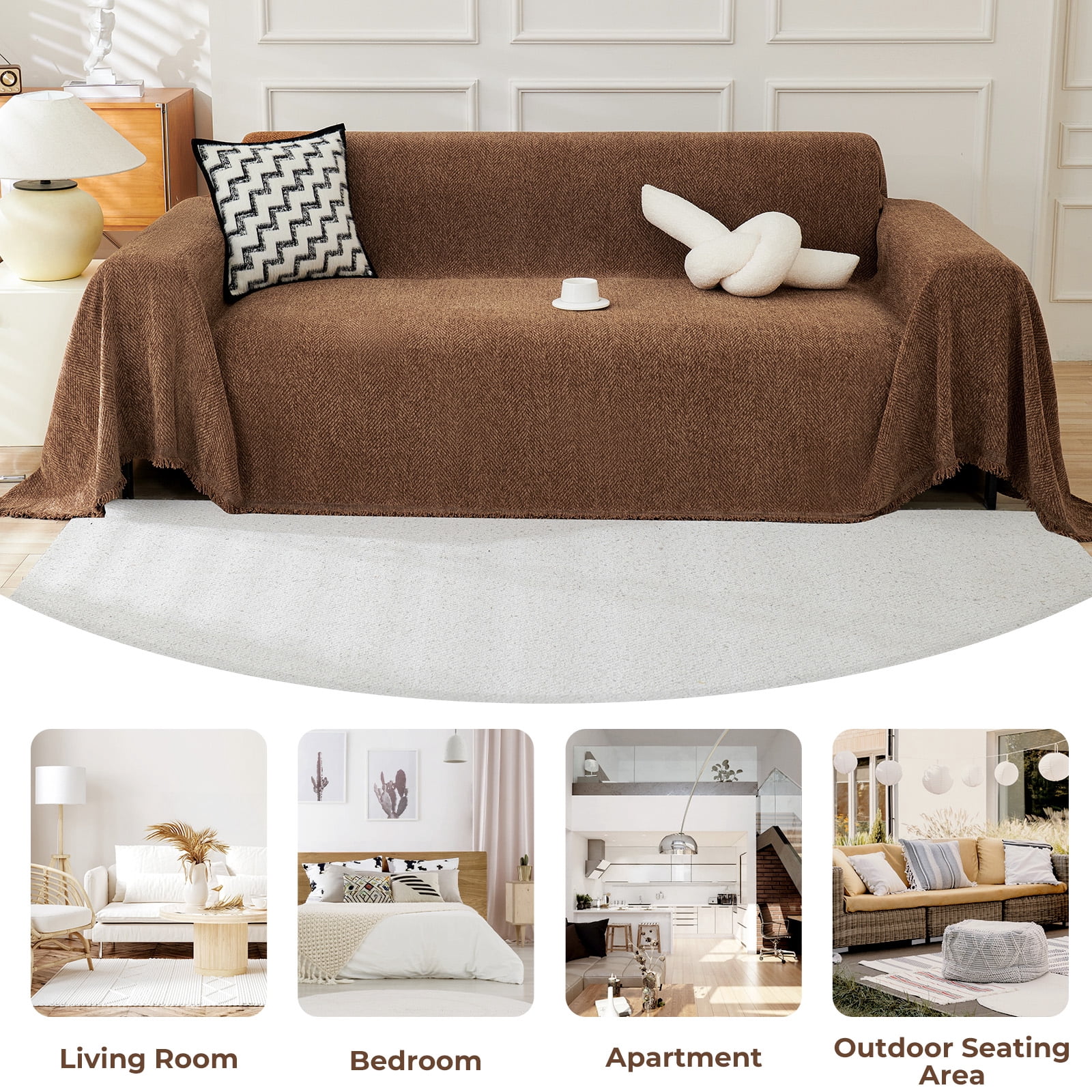 Sanmadrola Sofa Cover Non Slip Couch Cover for 3 Cushion Couch Machine Washable Furniture Protector for Dogs Pet Chenille Throw Slipcover Blanket for Living Room (Brown, 71"x134")
